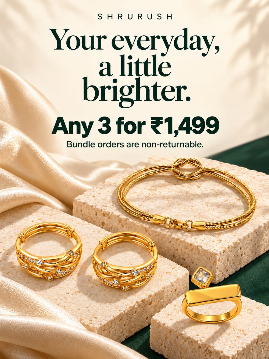 Your everyday, a little brighter. Any 3 for ₹1,499. Bundle orders are non-returnable. Shop Shrurush jewellery.