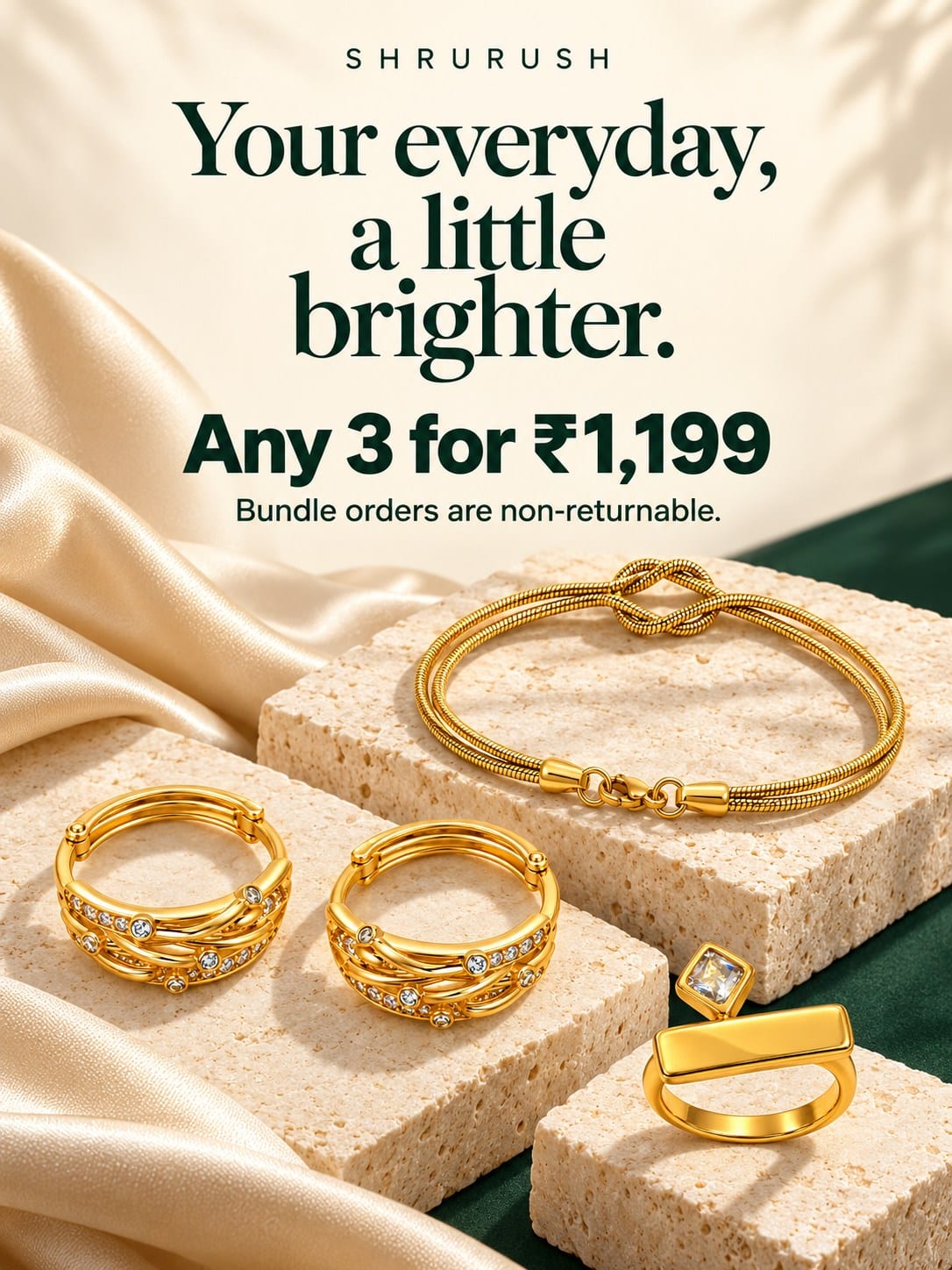 Your everyday, a little brighter. Any 3 for ₹1,199. Bundle orders are non-returnable. Shop Shrurush jewellery.